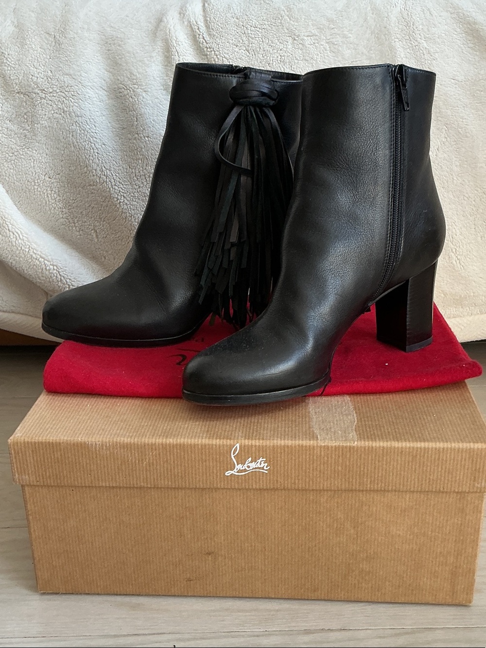 Christian Louboutin Black Leather Tassel Block Heel Ankle Boots